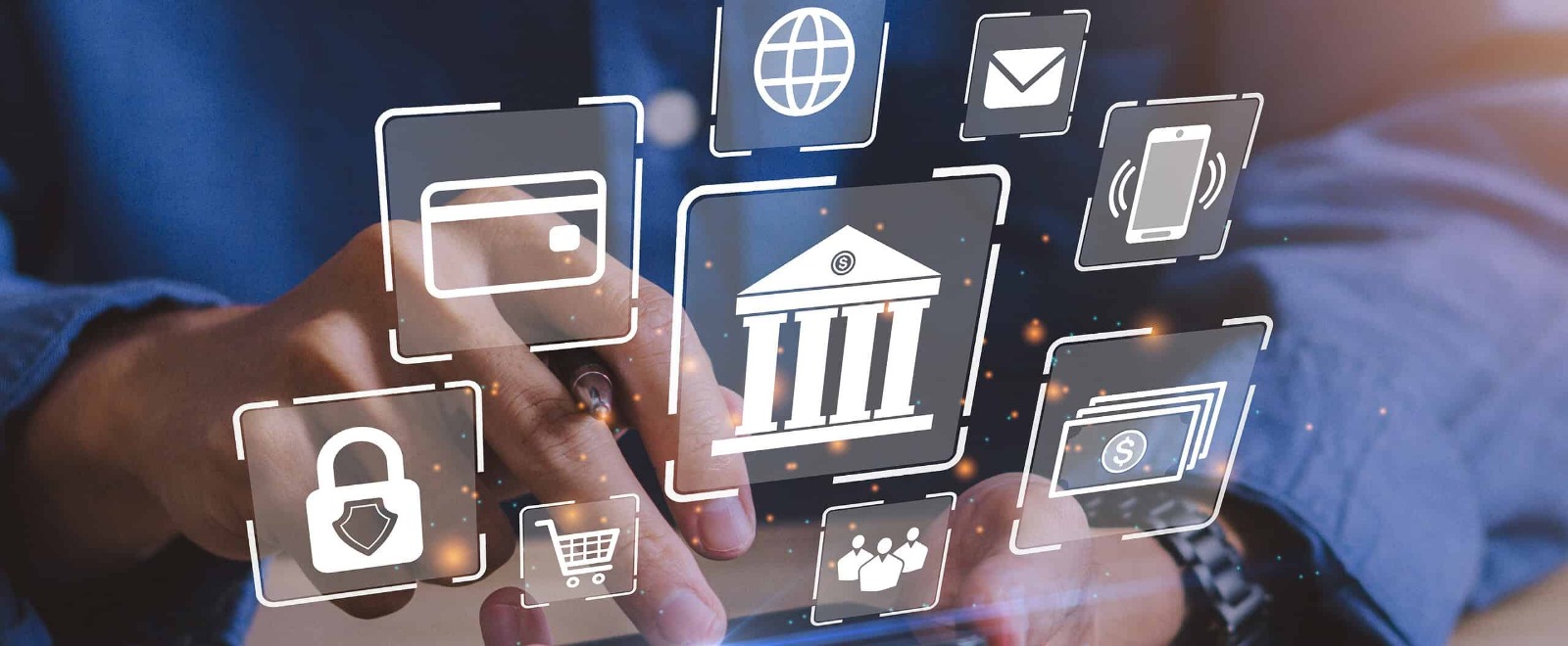 a screen with banking icons